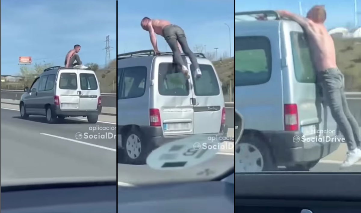 Shocking Video Shows Crazed Topless Man Hanging Off Car Roof On