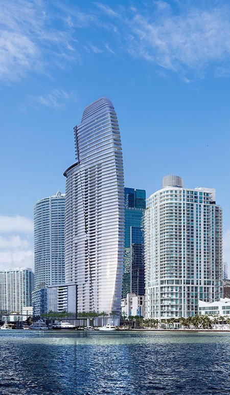 Its foot in the water, superyachts meet at Aston Martin Residences at 300 Biscayne Boulevard.