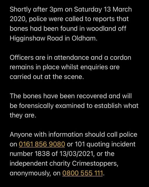 Woodland in Oldham has been cordoned off by police this evening following the discovery of bones.