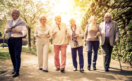 A group of senior people walking through a park.
