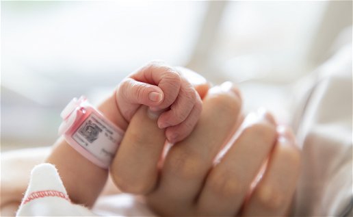 Image of a newborn baby holding mother's hand.