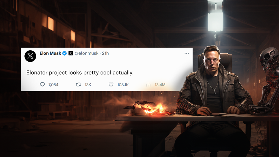 Elon sat in a chair at a desk with twitter notice about Elonator