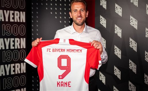 Image of footballer Harry Kane with a Bayern Munich top.
