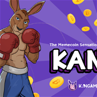 Purple background with cartoon kanagroo in boxing shorts and boxing gloves picture has cartoon unicorn pepe coin dogecoin coin