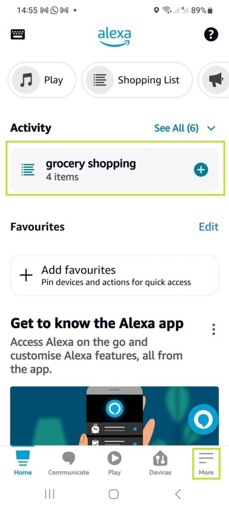 Alexa app home screen