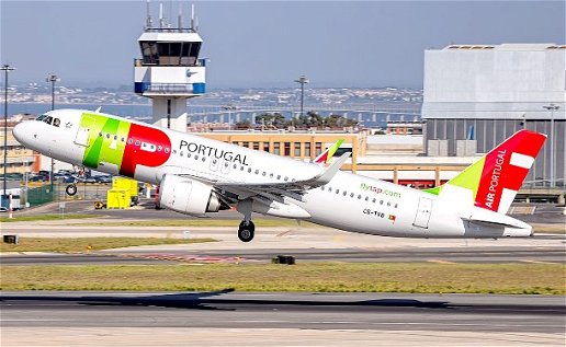Image of a Portuguese TAP plane taking off.