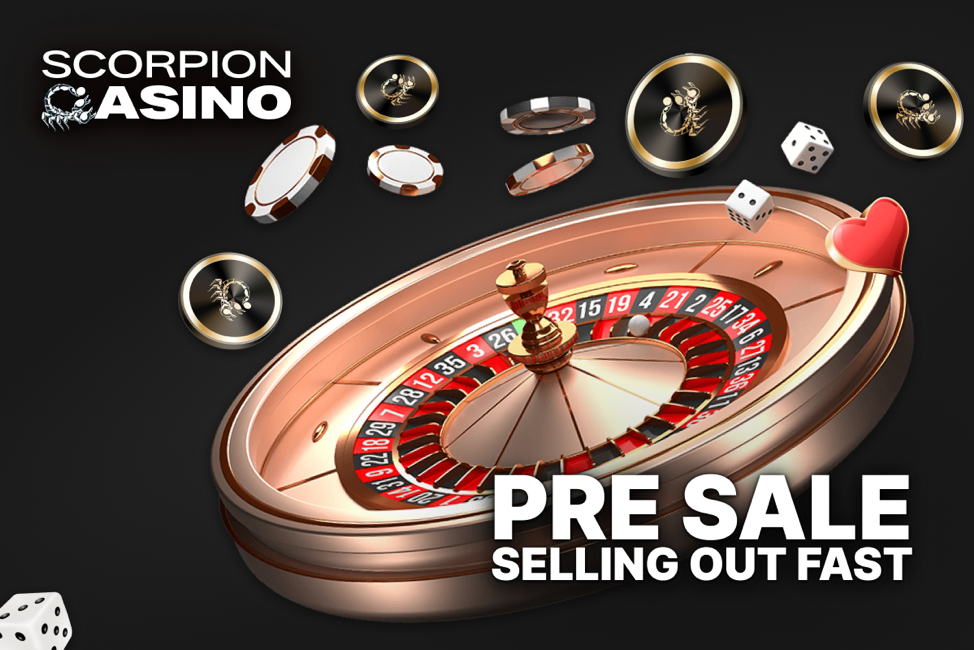 Casino roulette wheel with coins and dice floating