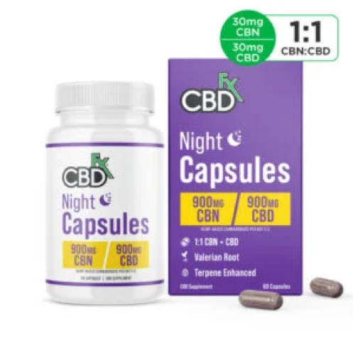 Purple box for CBD Night Capsules and pill container next too