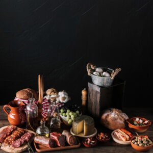 table of Spanish produce against a black background