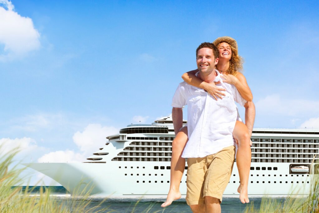 happy couple giving a piggyback with giant cruise ship in background