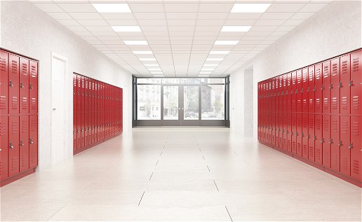 View of a school entrance with red lockers