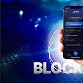 Blue background with a hand holding a mobile phone on screen BlockDAG site