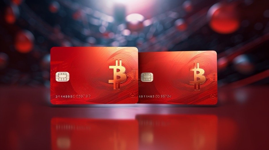 2 Red coloured credit cards with the bitcoin symbol in gold on the right hand side of the card