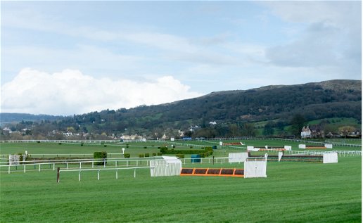 View of Cheltenham racecourse with a hurdle in view