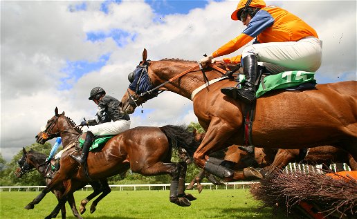Horse & jockey at a uk racecourse jumping over the hurdles
