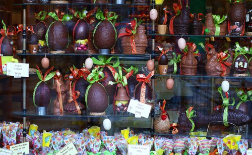 Paris bakery shop showcasing its Easter treats.