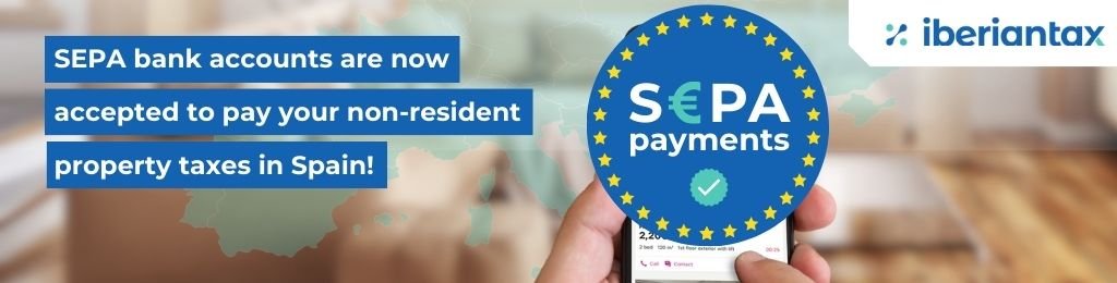 background picture of a hand with a mobile phone with a circle banner with Sepa payments
