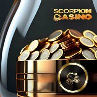 Gold pot with scorpion symbol on front in centre with a pile of casino gold chips in the pot