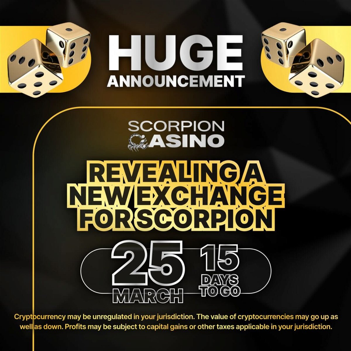 black background with 2 gold dice either side at heading for Scorpion Casino