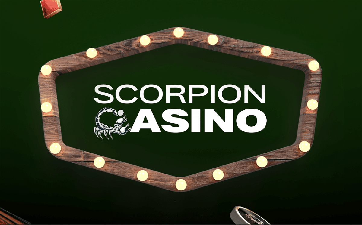 Dark green background a lit sign for scorpion casino