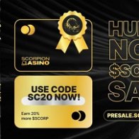 Black background with gold writing a credit card size box with a coupon gold scropion tail