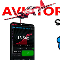 Mobile phone with a picture on the screen of the app the title Aviator over the top