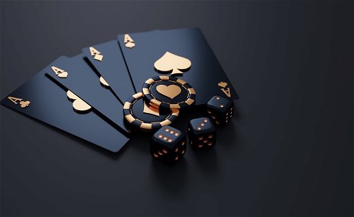 4 Ace playing cards in black with 2 black poker chips