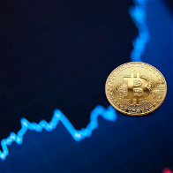 Blue background with a graph picture with a bitcoin in the middle