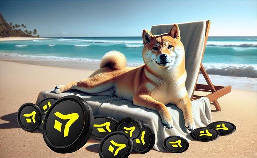 Doge laying on a sunbed on. the beach with BlastUP coins in front