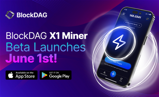 Purple background with a mobile phone promoting BlockDAG