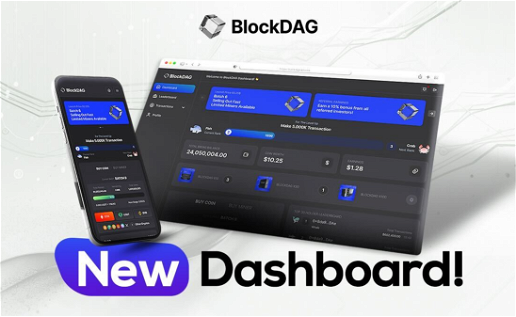 Mobile phone and Screen with a shot of a new dashboard for BlockDAG