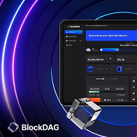 Black background with purple / blue circles with a mobile phone and screen showing new dashboard for BlockDAG