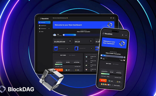 Black background with purple / blue circles with a mobile phone and screen showing new dashboard for BlockDAG
