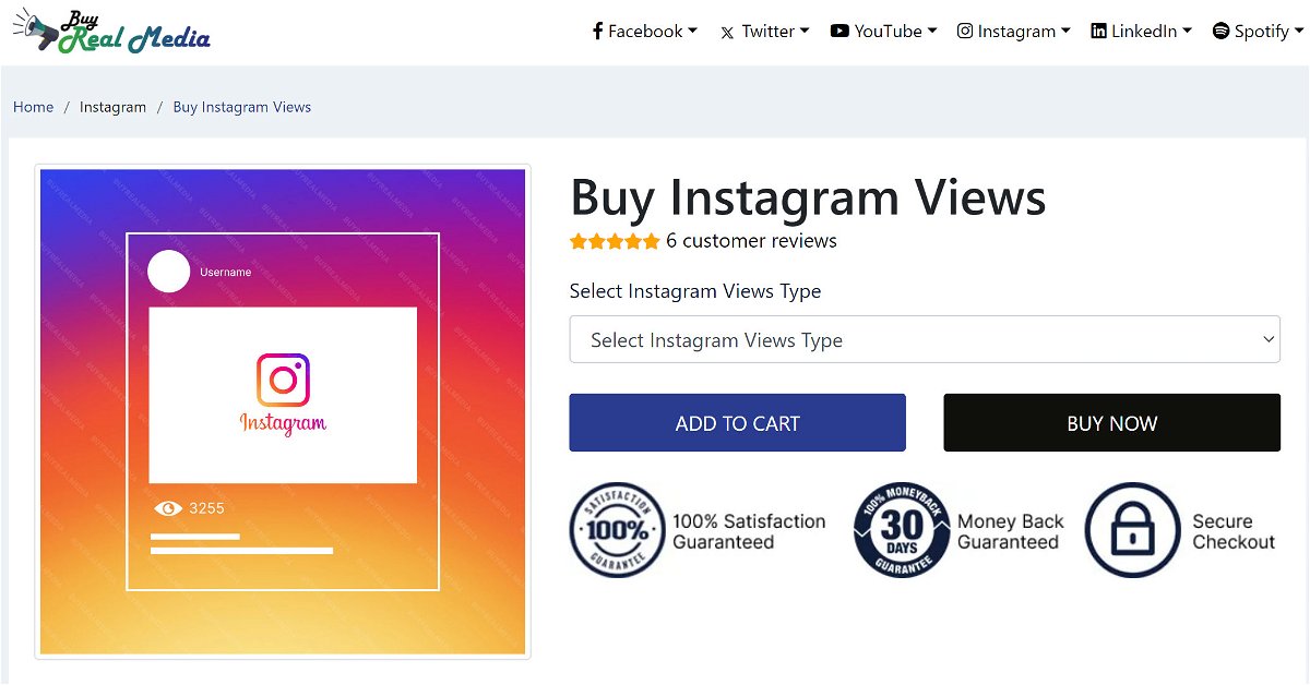 Screenshot of suggestions on buying instagram views via buy real media