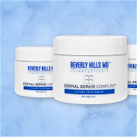 Sky Blue background with 3 tubs of beverly hills dermal repair