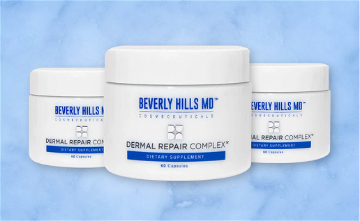 Sky Blue background with 3 tubs of beverly hills dermal repair