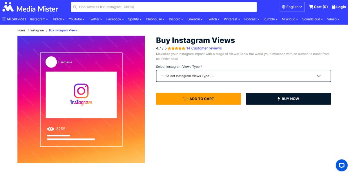 Screenshot showing details for buying Instagram views