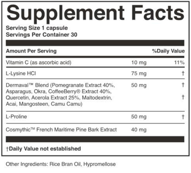 List of supplement facts for morning complex