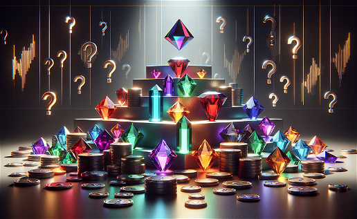 Bright multi-coloured gems hang over them gold question marks on the bottom piles and single Altcoins