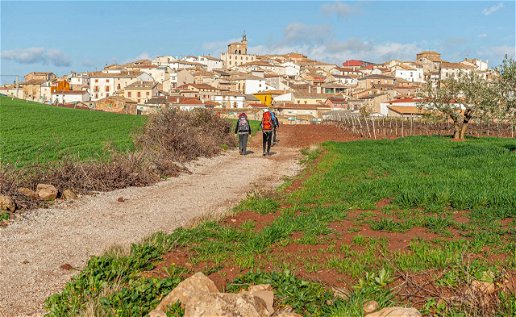 View of the Camino de Santiago with 2 people walking towards a town