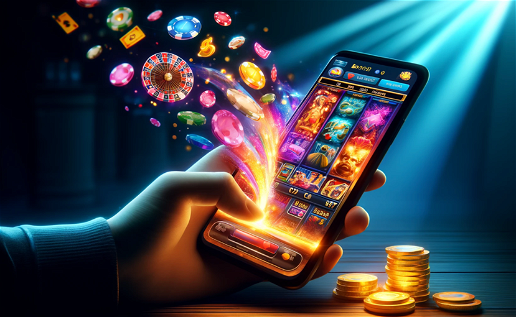 Virtual picture of a hand holding a mobile phone with casino icons coming out of the screen