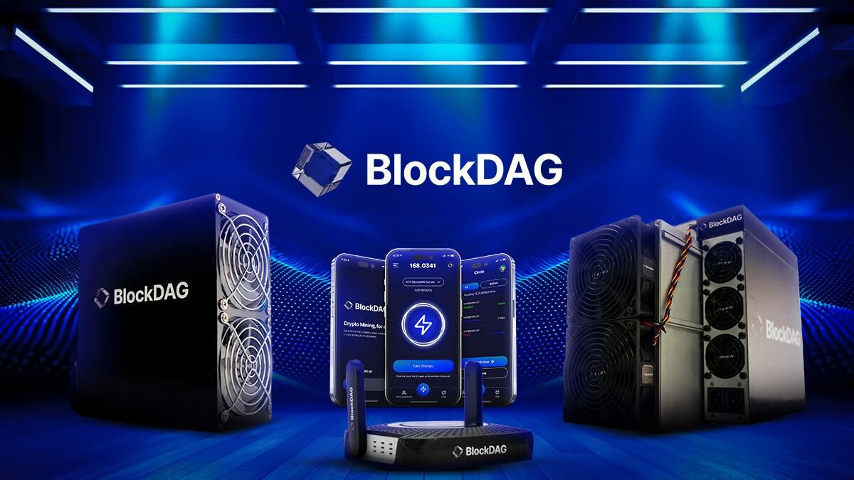 Blue/Purple background showing a pc tower 3 moblie phones all promoting BlockDAG