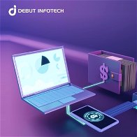 Purple background with a laptop on the desk with a mobile phone in front with a cable going into a digital wallet