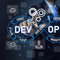 Man in faded back ground pointing at a screen outlining details for DevOps