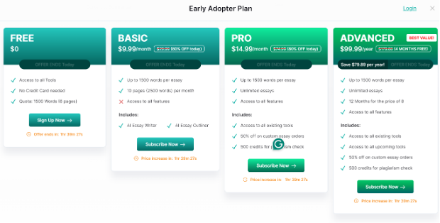 pricing list of payment plans with EssayWriter