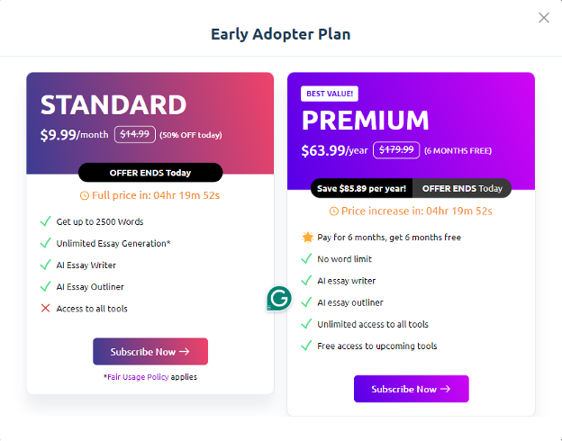 Package Plan Early Adopter Plan EssayService.ai