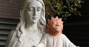 Statue of Mary and Baby Jesus Statue at Sainte-Anne-des-Pins, Canada.