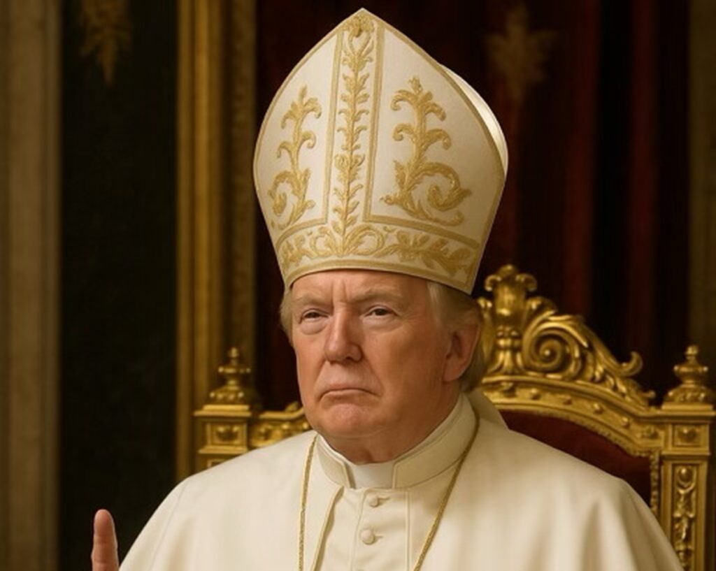 Donald Trump se vistió con túnicas papales, sentado en un trono en una pose solemne, que se asemeja a un papa católico.