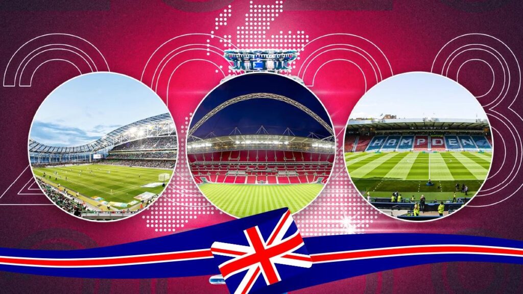 Euro 2028: The UK Prepares to Become Europe's Football Arena Once Again Euro Weekly News Uk flag and 3 football stadiums