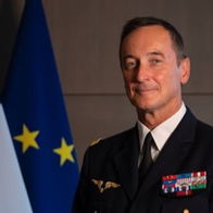 French Army Chief Fabien Mandon standing in front of the French and EU flags.